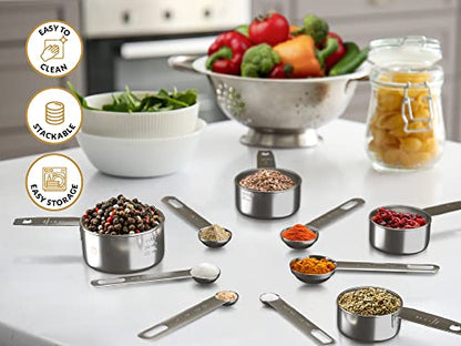 Stainless Steel Measuring Cups and Spoons Set 12 Piece Stackable Baking & Cooking Gadgets for Dry and Liquid Ingredients,Nesting Cups, Engraved Markings & Leveler,Dishwasher Safe Kitchen Tools