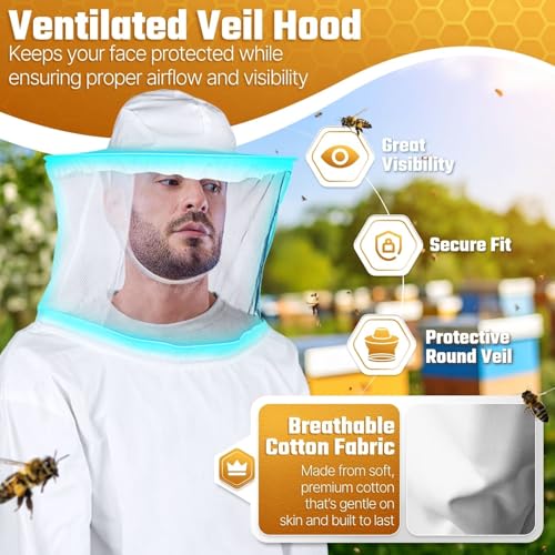 Flexzion Bee Jacket with Veil - Beekeeper Jacket for Men and Women, Lightweight Ventilated Pullover Beekeeping Smock, Sting Proof Protective Upper Body Suit, White Adult Extra Large - size: Adults Large