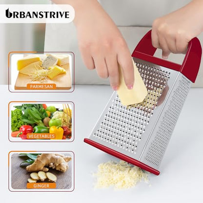 Urbanstrive Cheese Grater With Container, Professional Cheese Grater with Handle, Stainless Steel Graters for Kitchen Handheld, Box Grater with 4 Sides for Vegetables, Ginger, Potatoes (Red) - color: Red