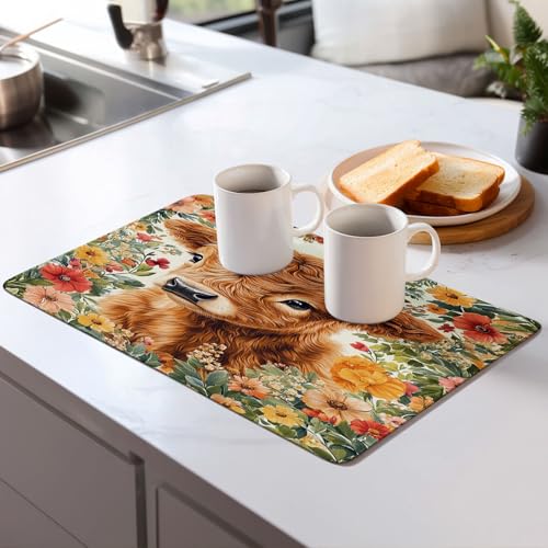 Highland Cow Dish Drying Mat for Kitchen Counter Microfiber Super Absorbent Non-Slip Dish Drying Pad for Countertops Dishes Utensils Stylish Quick-Dry Machine Washable 18x24 Inch - color: Highland Cow