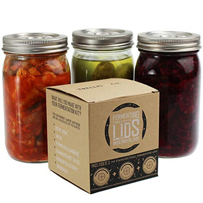316 Stainless Steel Fermentation Lids | 3 Silicone Waterless Fermenter Airlock Lids | Easy Lacto Fermenting Wide Mouth Mason Jar Canning Lids | Free Recipe eBook Included - size: Lids Only