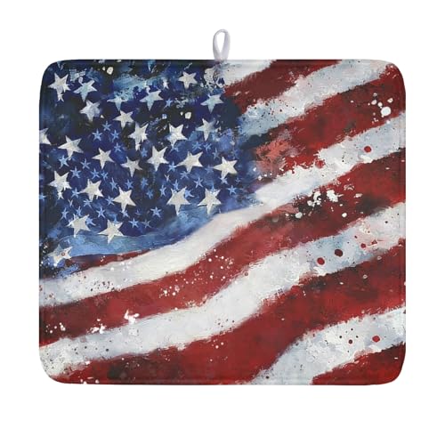 4th of July Dish Drying Mat 18x16 Inch, Patriotic Drying Mat with Absorbent Reversible Microfiber, Independence Day Dish Drainer Mats Memorial Day Rack Pad for Coffee Countertop Kitchen Protector - color: Patriotic Flag Blue Red, size: 18" x 16"