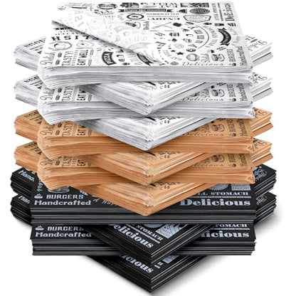 Outus 600 Pcs 12 x 12 Inch Deli Wax Paper Sheets Grease Resistant Tray Basket Liners Newsprint Paper Water and Grease Proof Sandwich Wrapping Square Hot Dog Wrapper for Food (White,Black,Brown) - color: White,Black,Brown