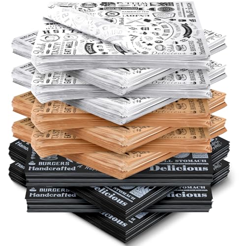 Outus 600 Pcs 12 x 12 Inch Deli Wax Paper Sheets Grease Resistant Tray Basket Liners Newsprint Paper Water and Grease Proof Sandwich Wrapping Square Hot Dog Wrapper for Food (White,Black,Brown) - color: White,Black,Brown