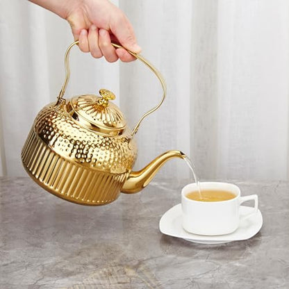 SANQIAHOME Antique 1.4L (45 Oz) Stainless Steel Teapot with Infuser Gold - color: Gold, size: 1.4 Liters