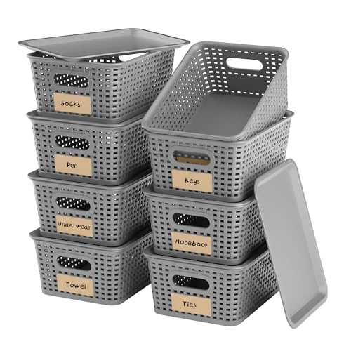 8-Pack Grey Plastic Storage Baskets with Lids, Label Organizers, Stackable Organizer Containers: For Organizing Shelves, Drawers, Desk Closets, Playrooms, Classrooms, Offices - color: Grey