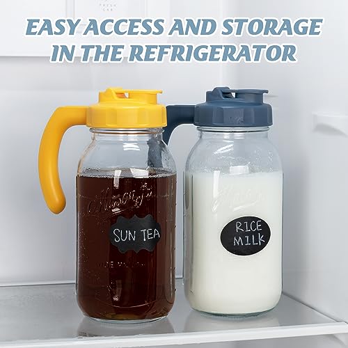 Soligt Glass Mason Jar Pitcher with Lid, Wide Mouth Flip Cap Pour Spout Leak-proof Lid with Handle, 64 oz (2 Quart / 1.9 Liter), Navy and Yellow, 2 Pack - color: Navy and Yellow