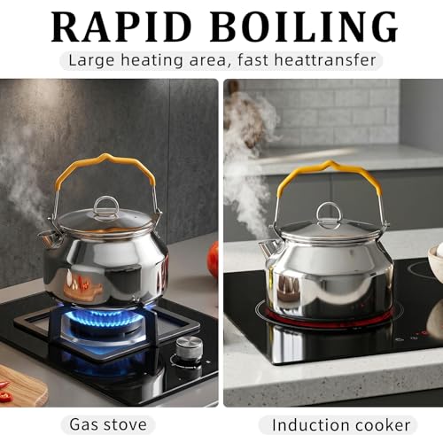 Camping Kettle Tea Pot, 1.4L Portable 304 Stainless Steel Coffee Kettle, Food Grade with Large Opening & Heat-Resistant Handle, Works on Gas, Induction, Open Flame, Electric Stove, Silver