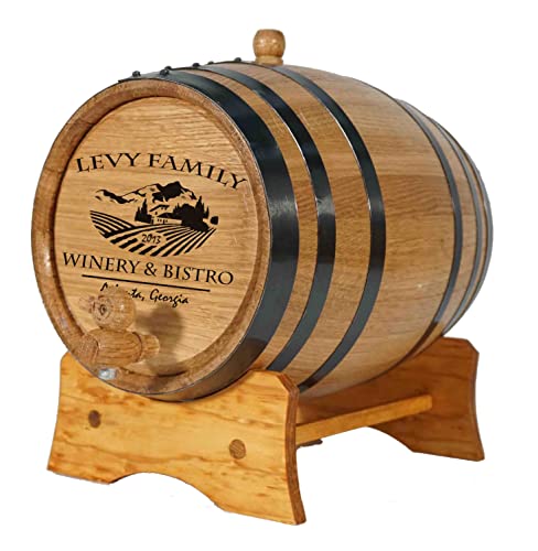 Personalized 1 Liter Oak Aging Barrel with Stand, Bung, and Spigot - Age Wine, Cocktails, Bourbon, Whiskey, Beer and More! Laser Engraved Bistro Design (B314) - size: 1 Liter