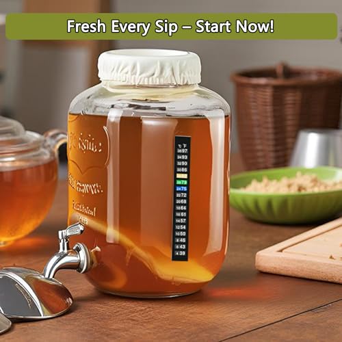 Kombucha & Jun Starter Kit - 1.3 Gallon Glass Jar With Stainless Steel Spigot Perfect for Continuous Brewing, pH Test Strips, Temperature Strip, Cloth Cover, Funnel with Filters - style: Kombucha Brew Kit with 1.3gallon Jar