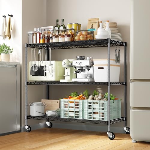 DurayLoly 3 Tier Metal Shelving Unit Adjustable Storage Shelves,Heavy Duty Shelf with Wheels for Kitchen,Office,Bathroom,Easy Assembly Wire Shelving for Laundry,Garage,45" W x 17.7" D x 41" H,Black. - color: Black