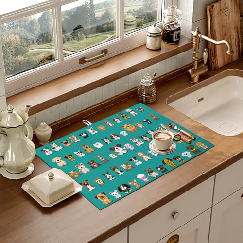 Cute Dogs Dish Drying Mat for Kitchen Counter Microfiber Absorbent Dish Cartoon Kitchen Drying Mat Draining Reusable Washable for Dishes/Utensils/Countertops/Sinks