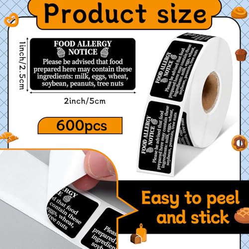Gueevin 600 Count 1x2'' Food Allergy Warning Labels Allergies Restaurant Food Safety Self Adhesive Stickers Restaurant Removable Thermal Printed Labels for Kitchen (Black) - color: Black
