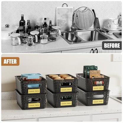 8 Pcs Plastic Storage Baskets with Plastic Lids and Labels 5.29qt Stackable Box Basket Pantry Decorative Containers, Small Storage Bins for Shelves Drawers Closets Bedrooms Office Cabinets 10*7.2*4.1" - style: Black-Plastic Lid
