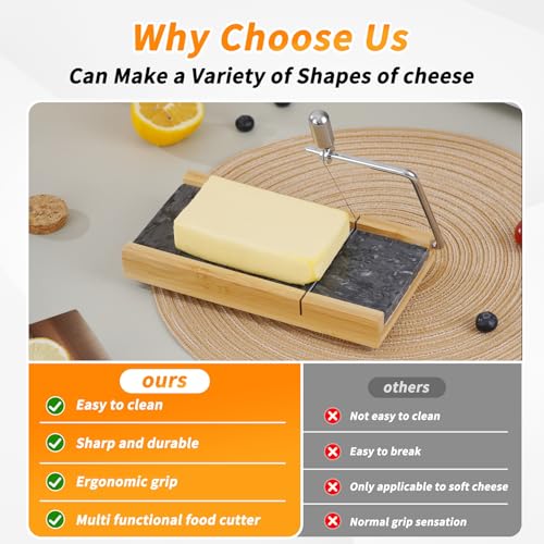 Tianman Cheese Slicer Cheese Cutter with 4 Replacement Cutting Wire,Heavy Duty 8.27"x 4.4",Marble Board Cheese Slicer for Block Cheeses, Butter,Cakes and More(Black Grey) - color: Black