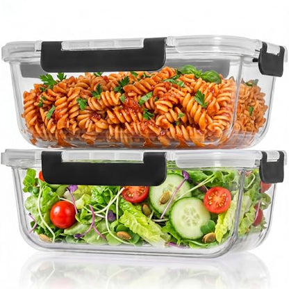 Razab 2 Pcs 1860ml / 63 Oz Large Glass Food Storage Containers with Lids - Glass Meal Prep Containers with Locking Lids for Roasting, Storing Leftover, Lunch Container, BPA Free, Microwave & Oven Safe - color: Black