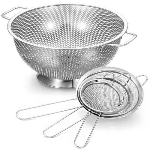 Norme 5 Quart Stainless Steel Silver Colander and 3 Pcs Silver Fine Mesh Strainer, Stainless Steel Pasta Rice Food Metal Strainer with Handles, Easy Clean and Dishwasher Safe - color: Silver, size: 5 Quart