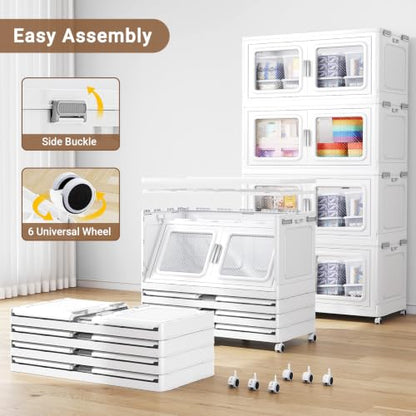 BROVIEW 900Qt Large Stackable Storage Bin Only One Lid, 225Gal Stackable Storage Bins Open Front with Wheels, Plastic Storage Cart Organizer and Storage for Home Kitchen, 3Packs, White