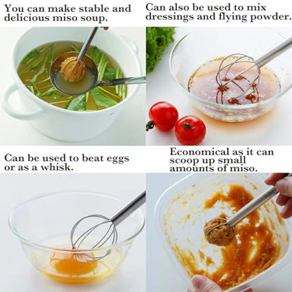 Miso Measuring Whisk, Made in Japan, 18-8 Stainless Steel Miso Muddler, Dual-Sided Measuring Spoon (1 & 2 Tablespoons), Small Whisk, Tsubame Sanjo Craftsmanship