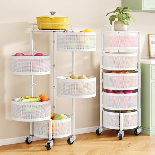 SNTD Fruit and Vegetable Basket Bowls for Kitchen with Metal Top Lid, 5 Tier Rotating Storage Rack Cart for Potato Onion Banana, Wire Basket Organizer on Wheels, Large (White) - color: White