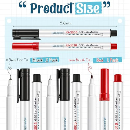 3 Pack Alcohol Resistant Laboratory Markers Permanent Freezer Pens with Black 0.5mm Fine Point and Red 1.0mm Makers Tip, Designed for Lab, Professional Labeling on Glass Plastic Wet Surfaces
