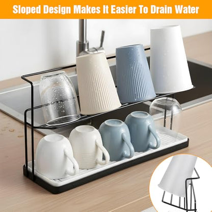 2-Tier Bottle Drying Rack Cup Cradle Storage with Drain Removable Tray Mug Organizer Over Sink Instant Dry Small Dish Dryer for Kitchen Countertop Water Bottles and Tumblers,Coffee Mugs, Glasses 15.7“