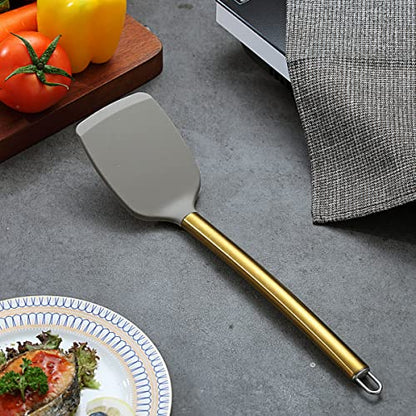 Berglander Non-stick Silicone Solid Turner, Titanium Gold Plating handle, Barbecue Spatula for Cooking, Dishwasher Safe, Easy to Clean - style: f. Solid Turner