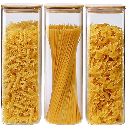 HomArtist Square Glass Jars with Bamboo Lids 79 FL OZ [Set of 3], Glass Canisters with Airtight Lid, Glass Food Storage Containers for Spaghetti, Fettuccine, Linguine,Pasta, Best for Kitchen & Pantry - color: Square 79OZ Set-3Pack