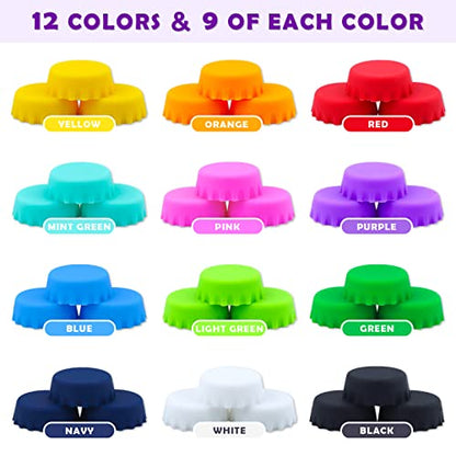 108 PCS Silicone Rubber Bottle Caps, LEEFONE 12 Colors Reusable Beer Caps for Home Brewing Beer, Soft Drink, Wine Bottle, Beer Bottle, Soda Bottles Kitchen Gadgets