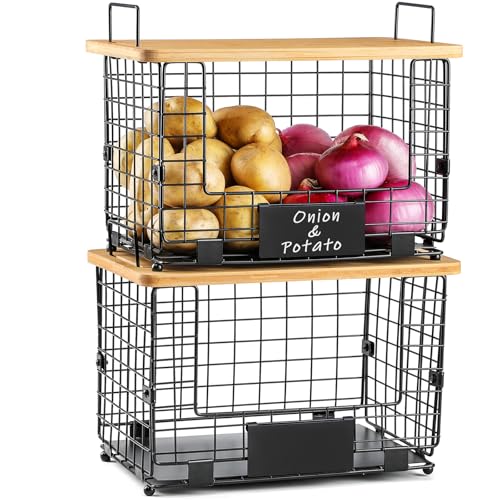 2 Set XL Stackable Wire Basket with Bamboo Tops & Tags- Pantry Organizer and Storage Bins, Kitchen Counter Cabinet Shelf Countertop Under Sink Organizing, Food Snack Produce Onion Potato Bread Storage - size: XL