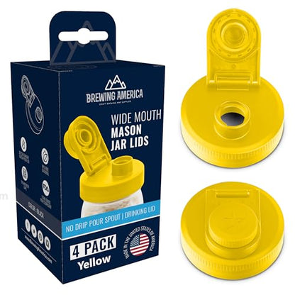 Mason Jar Lids Wide Mouth Plastic 4 Pack - With Flip Cap Screw Top Pouring Spout and Drink Hole - Fits Kerr and Ball Canning Jars - Wet/Dry Food and Liquid Storage - MADE IN USA (Yellow) - color: Yellow