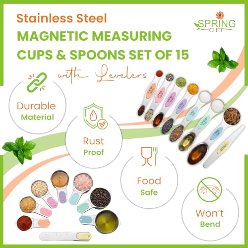 Spring Chef Magnetic Measuring Cups & Spoons Set of 15 - Pastel | Stainless Steel, Patented, BPA Free, Strong Magnets, Heavy Duty - color: Pastel, size: Set of 15