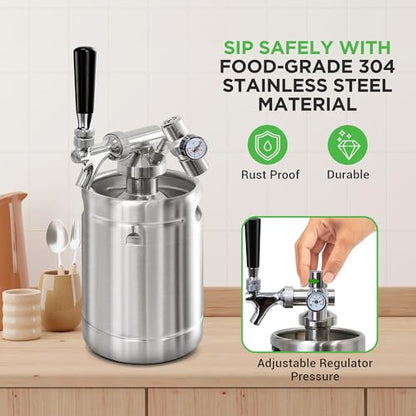 NutriChef Pressurized Growler Tap System, 64oz Stainless Steel Mini Keg Dispenser Portable Kegerator Kit, Co2 Pressure Regulator Keeps Carbonation for Craft Beer, Draft and Homebrew - size: 64oz