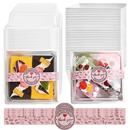 TECARATE Paper Charcuterie Boxes with Clear Lids and Stickers - 50 SETS 4 Inches Square Disposable Food Containers Bakery Boxes for Bakery, Macaron, Sandwich, Slice Cake, Cookies, Hot Cocoa Bombs - color: White