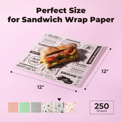 Fit Meal Prep [250 Sheets] 12x12" Deli Paper Sheets, Newsprint Dry Waxed Paper, Waterproof Sandwich Wrapping, Grease-Proof Wax Paper for Food Basket, Picnic, Barbecue, Restaurants, Burgers, Fries - color: Brown-Newsprint