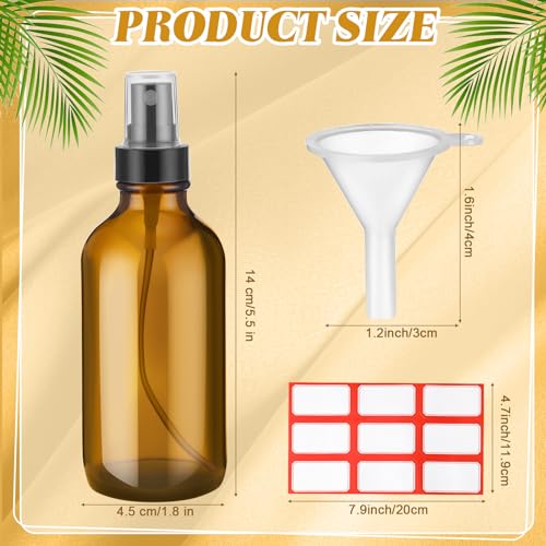 Fumete 2 Pack Glass Bottles 4oz Empty Refillable Liquid Containers with 1 Label 1 Funnel for Essential Oils Hair Travel Plants Cleaning Skin Care(Amber, Black Top,Mist Bottle) - color: Amber, Black Top, style: Mist Bottle