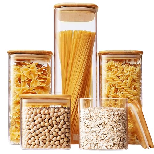 HomArtist Square Glass Jars with Bamboo Lids [Muti Size Set of 5], Glass Canisters with Airtight Lids, Glass Food Storage Containers for Pasta, Cereal, Flour, Sugar, Best for Kitchen & Pantry - color: Square Multi Size Set-5Pack