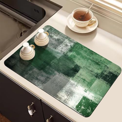 Dish Drying Mat for Kitchen Counter, Emerald Green and Grey Abstract Art, Absorbent Quick Dry Pad with Rubber Backing, Dish Rack Pad for Dishes, Utensils, Countertops, Sinks 12" x 20 - color: Emerald Green and Grey