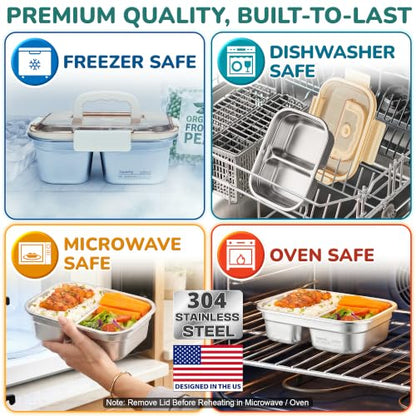 Everusely - Extra Large Stainless Steel Bento Box + Snap Lock Lid - 2 Compartments, 74.5 oz - Hot Food Metal Lunch Box - Leakproof Divided Meal Storage Container- Microwave, Oven, Refrigerator Safe - size: 2200mL