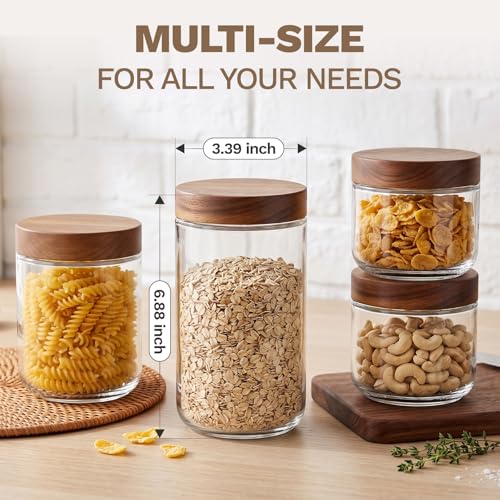 Bumobum 24 oz Glass Jars with Acacia Lids, Glass Food Storage Containers with Airtight Lids, Wide Mouth Mason Salad Jars for Coffee, Sugar, Loose Tea, Spice, Nut, Candy, Cereal, Snacks (4 Pack) - color: 24oz