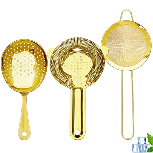 Cocktail Strainer-Stainless Steel Bar Tools Bartender Cocktail Strainer Set:Hawthorne Strainer,Julep Strainer and Conical Fine Mesh Strainer (Gold) - color: Gold