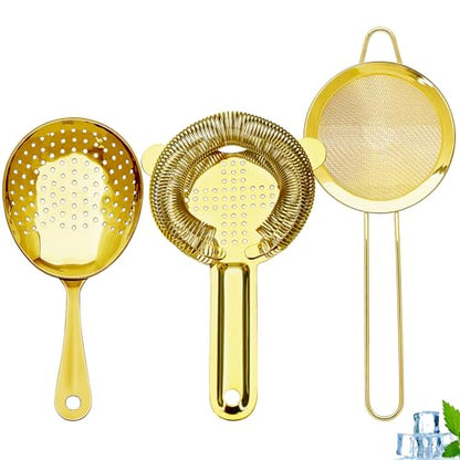 Cocktail Strainer-Stainless Steel Bar Tools Bartender Cocktail Strainer Set:Hawthorne Strainer,Julep Strainer and Conical Fine Mesh Strainer (Gold) - color: Gold