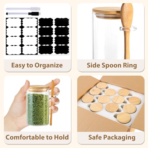 TBWIND 12 Pack 8 oz Round Glass Spice Jars with Lids and Spoons – Airtight Small Spice Containers Set with Labels, Clear Glass Storage Jars for Seasoning, Spices, Kitchen Pantry Organization - color: Round/8oz/12pcs/Spoon