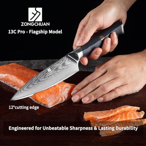 Utility Knife,5.5inch Damascus knife,67-Layer High Carbon Stainless Steel Kitchen Knife,Professiona Sharp Cutting Knives with Ergonomic Blue G10 Handle,Gift Box for Home and Kitchen Birthday Gift - style: 13C pro Utility Knife(Blue Black)