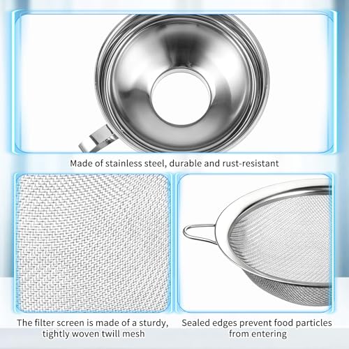 4 Pieces Stainless Steel Funnels with Fine Mesh Strainer, 2 Size Kitchen Canning Funnels Food Can Drainer Strainer with Handle
