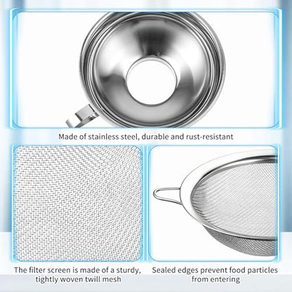 4 Pieces Stainless Steel Funnels with Fine Mesh Strainer, 2 Size Kitchen Canning Funnels Food Can Drainer Strainer with Handle
