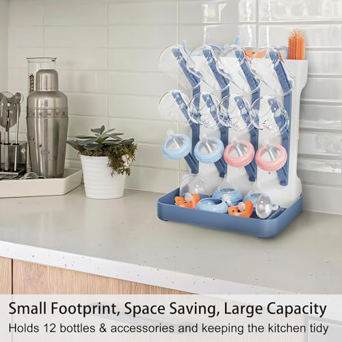Baby Bottle Drying Rack, Space Saving Vertical Bottle Rack Dryer (Blue) | Bottle Drying Rack Countertop Organizer with Brush Holder for Bottles & Baby Accessories Pacifiers and Pump Part- BPA-Free