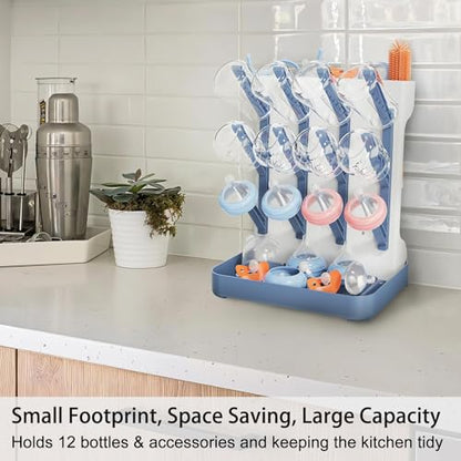 Baby Bottle Drying Rack, Space Saving Vertical Bottle Rack Dryer (Blue) | Bottle Drying Rack Countertop Organizer with Brush Holder for Bottles & Baby Accessories Pacifiers and Pump Part- BPA-Free