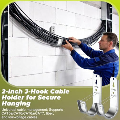 100pcs 2 Inch J Hook Wall Mount J Hook with Retainer Clip Rust-Resistant J Hook for Hanging Wire Cable Management & Organization Solution