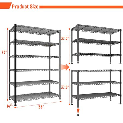 REIBII 75" H Metal Shelving 6 Tier Storage Shelf Adjustable Kitchen Shelf Wire Shelving Unit Detachable Storage Rack for Kitchen Laundry Living Room Commercial Heavy Duty Metal Shelf 75" X35" X14" - size: 【6 Tier】75"H X 35"W X 14"D